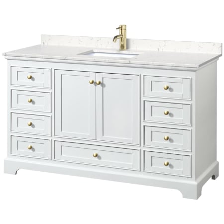 A large image of the Wyndham Collection WCS202060S-VCA-MXX White / Carrara Cultured Marble Top / Brushed Gold Hardware