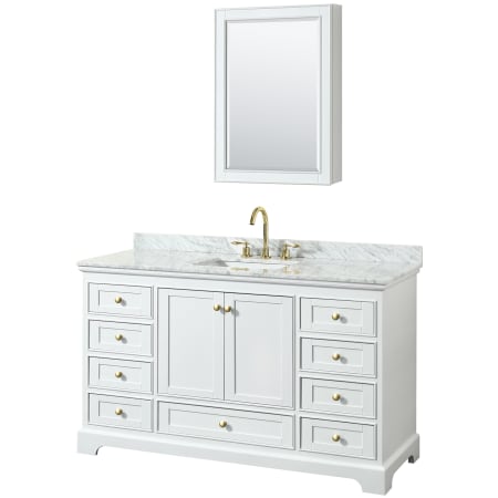 A large image of the Wyndham Collection WCS202060SCMUNSMED White / White Carrara Marble Top / Brushed Gold Hardware