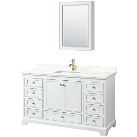 A large image of the Wyndham Collection WCS202060S-QTZ-UNSMED White / Giotto Quartz Top / Brushed Gold Hardware