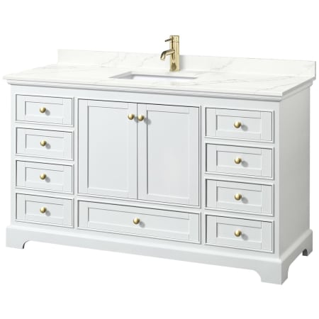 A large image of the Wyndham Collection WCS202060S-QTZ-UNSMXX White / Giotto Quartz Top / Brushed Gold Hardware