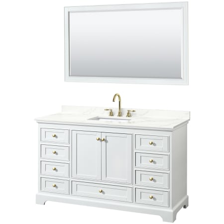 A large image of the Wyndham Collection WCS202060S-QTZ-US3M58 White / Giotto Quartz Top / Brushed Gold Hardware