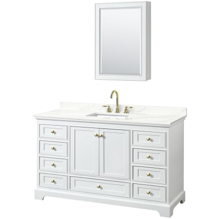 A large image of the Wyndham Collection WCS202060S-QTZ-US3MED White / Giotto Quartz Top / Brushed Gold Hardware