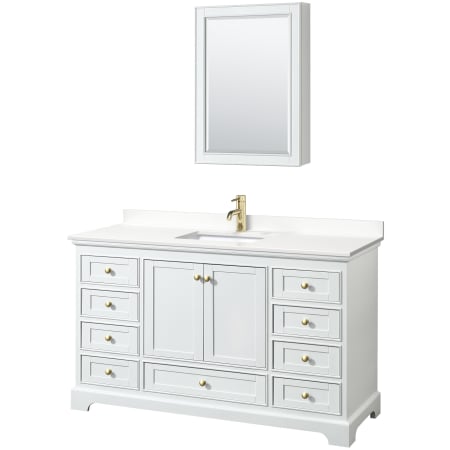 A large image of the Wyndham Collection WCS202060S-QTZ-UNSMED White / White Quartz Top / Brushed Gold Hardware