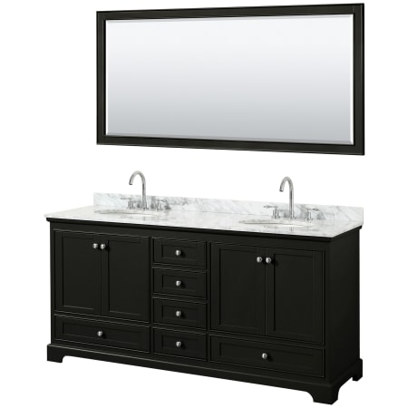 A large image of the Wyndham Collection WCS202072DCMUNOM70 Dark Espresso / White Carrara Marble Top / Polished Chrome Hardware