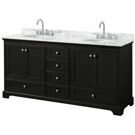A large image of the Wyndham Collection WCS202072DCMUNOMXX Dark Espresso / White Carrara Marble Top / Polished Chrome Hardware
