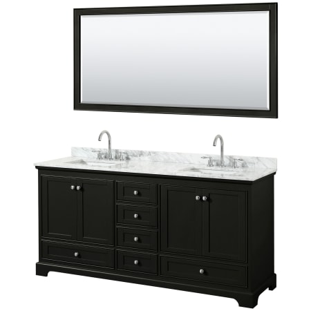 A large image of the Wyndham Collection WCS202072DCMUNSM70 Dark Espresso / White Carrara Marble Top / Polished Chrome Hardware