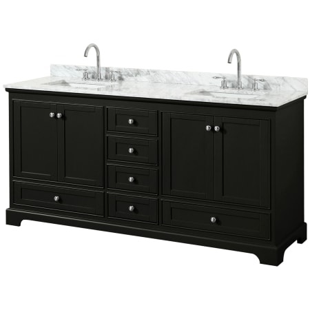 A large image of the Wyndham Collection WCS202072DCMUNSMXX Dark Espresso / White Carrara Marble Top / Polished Chrome Hardware