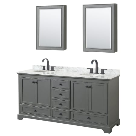 A large image of the Wyndham Collection WCS202072DCMUNOMED Dark Gray / White Carrara Marble Top / Matte Black Hardware