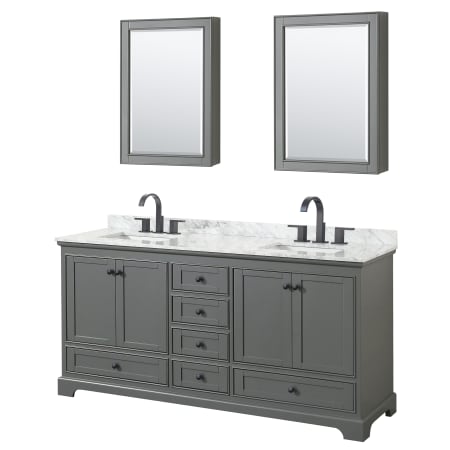 A large image of the Wyndham Collection WCS202072DCMUNSMED Dark Gray / White Carrara Marble Top / Matte Black Hardware