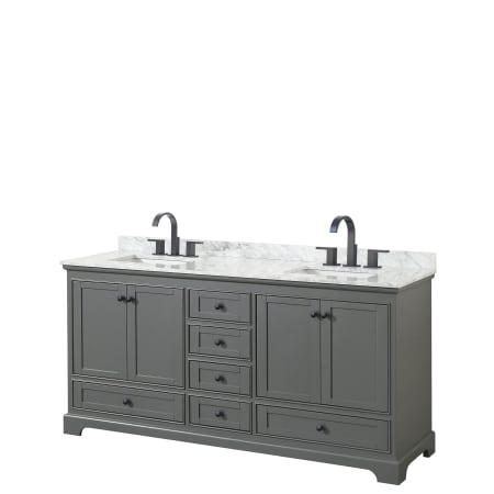 A large image of the Wyndham Collection WCS202072DCMUNSMXX Dark Gray / White Carrara Marble Top / Matte Black Hardware