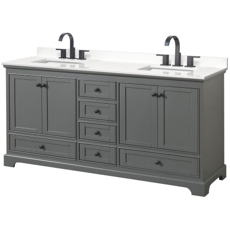 A large image of the Wyndham Collection WCS202072D-QTZ-US3MXX Dark Gray / White Quartz Top / Matte Black Hardware