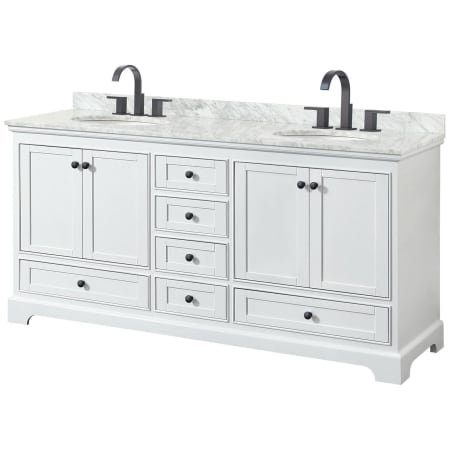A large image of the Wyndham Collection WCS202072DCMUNOMXX White / White Carrara Marble Top / Matte Black Hardware