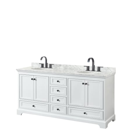 A large image of the Wyndham Collection WCS202072DCMUNOMXX White / White Carrara Marble Top / Matte Black Hardware