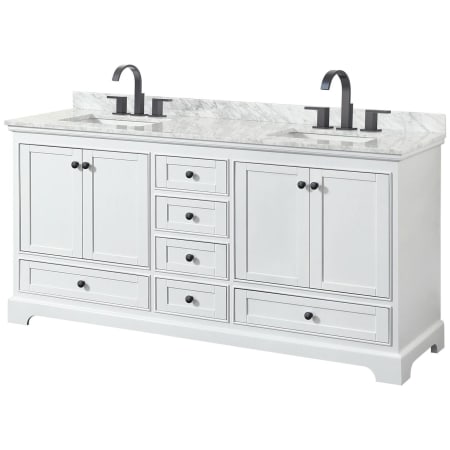 A large image of the Wyndham Collection WCS202072DCMUNSMXX White / White Carrara Marble Top / Matte Black Hardware