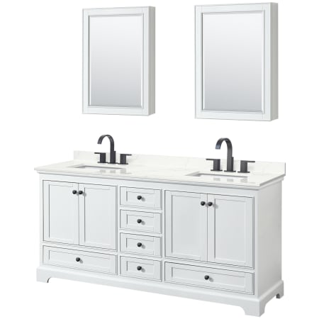 A large image of the Wyndham Collection WCS202072D-QTZ-US3MED White / Giotto Quartz Top / Matte Black Hardware