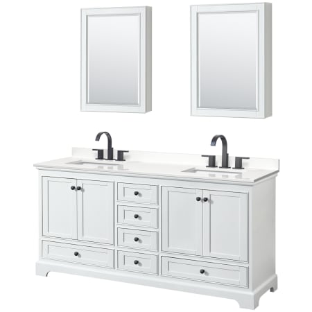 A large image of the Wyndham Collection WCS202072D-QTZ-US3MED White / White Quartz Top / Matte Black Hardware