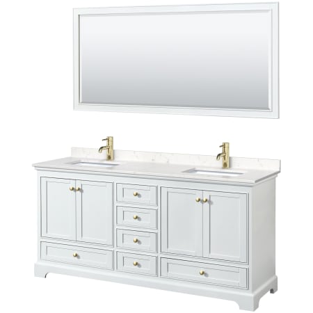 A large image of the Wyndham Collection WCS202072D-VCA-M70 White / Carrara Cultured Marble Top / Brushed Gold Hardware