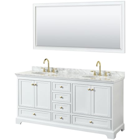 A large image of the Wyndham Collection WCS202072DCMUNOM70 White / White Carrara Marble Top / Brushed Gold Hardware