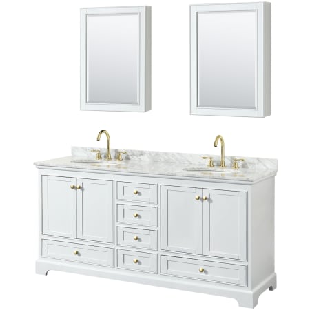 A large image of the Wyndham Collection WCS202072DCMUNOMED White / White Carrara Marble Top / Brushed Gold Hardware