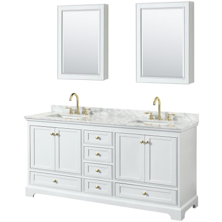 A large image of the Wyndham Collection WCS202072DCMUNSMED White / White Carrara Marble Top / Brushed Gold Hardware