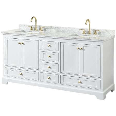 A large image of the Wyndham Collection WCS202072DCMUNSMXX White / White Carrara Marble Top / Brushed Gold Hardware