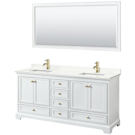 A large image of the Wyndham Collection WCS202072D-QTZ-UNSM70 White / Giotto Quartz Top / Brushed Gold Hardware