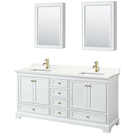 A large image of the Wyndham Collection WCS202072D-QTZ-UNSMED White / Giotto Quartz Top / Brushed Gold Hardware