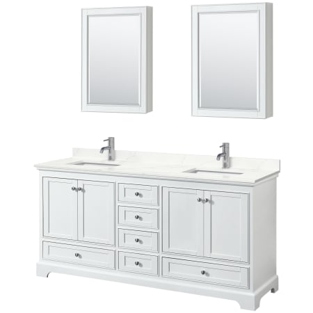 A large image of the Wyndham Collection WCS202072D-QTZ-UNSMED White / Giotto Quartz Top / Polished Chrome Hardware