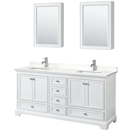 A large image of the Wyndham Collection WCS202072D-QTZ-UNSMED White / White Quartz Top / Polished Chrome Hardware