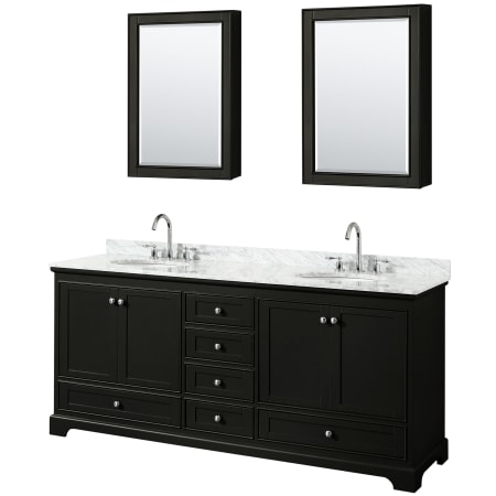 A large image of the Wyndham Collection WCS202080DCMUNOMED Dark Espresso / White Carrara Marble Top / Polished Chrome Hardware