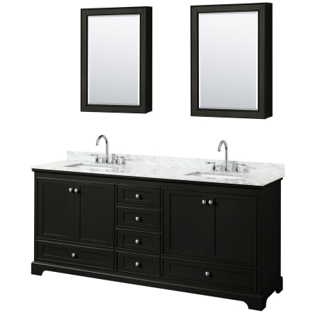 A large image of the Wyndham Collection WCS202080DCMUNSMED Dark Espresso / White Carrara Marble Top / Polished Chrome Hardware