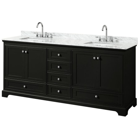 A large image of the Wyndham Collection WCS202080DCMUNSMXX Dark Espresso / White Carrara Marble Top / Polished Chrome Hardware