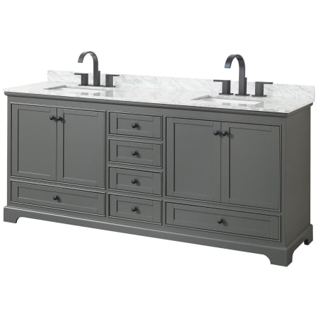 A large image of the Wyndham Collection WCS202080DCMUNSMXX Dark Gray / White Carrara Marble Top / Matte Black Hardware