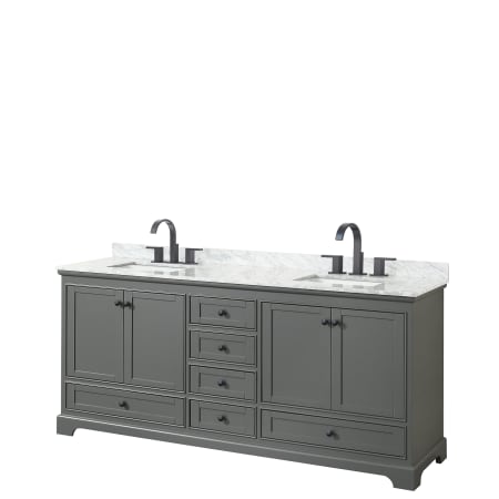 A large image of the Wyndham Collection WCS202080DCMUNSMXX Dark Gray / White Carrara Marble Top / Matte Black Hardware