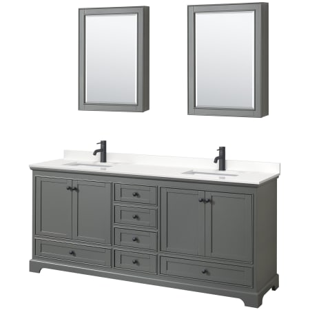 A large image of the Wyndham Collection WCS202080D-QTZ-UNSMED Dark Gray / White Quartz Top / Matte Black Hardware