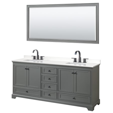 A large image of the Wyndham Collection WCS202080D-QTZ-US3M70 Dark Gray / White Quartz Top / Matte Black Hardware