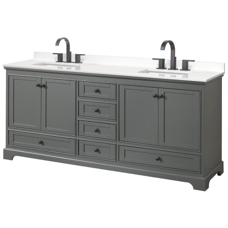 A large image of the Wyndham Collection WCS202080D-QTZ-US3MXX Dark Gray / White Quartz Top / Matte Black Hardware