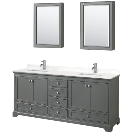 A large image of the Wyndham Collection WCS202080D-QTZ-UNSMED Dark Gray / White Quartz Top / Polished Chrome Hardware