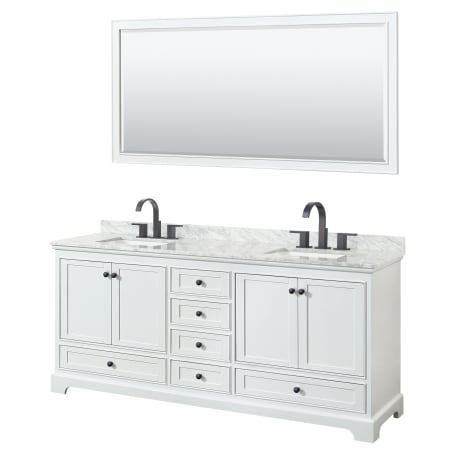A large image of the Wyndham Collection WCS202080DCMUNSM70 White / White Carrara Marble Top / Matte Black Hardware