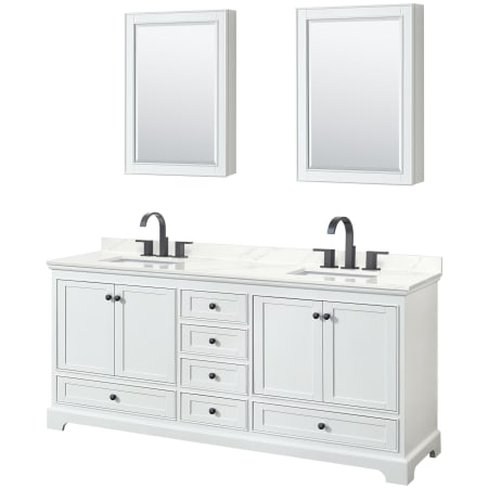 A large image of the Wyndham Collection WCS202080D-QTZ-US3MED White / Giotto Quartz Top / Matte Black Hardware