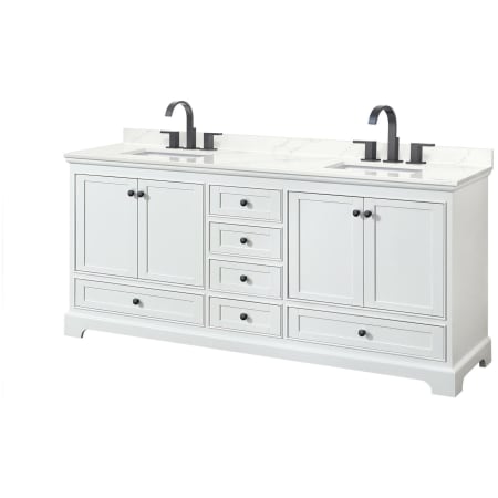 A large image of the Wyndham Collection WCS202080D-QTZ-US3MXX White / Giotto Quartz Top / Matte Black Hardware