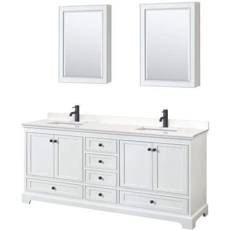 A large image of the Wyndham Collection WCS202080D-QTZ-UNSMED White / White Quartz Top / Matte Black Hardware