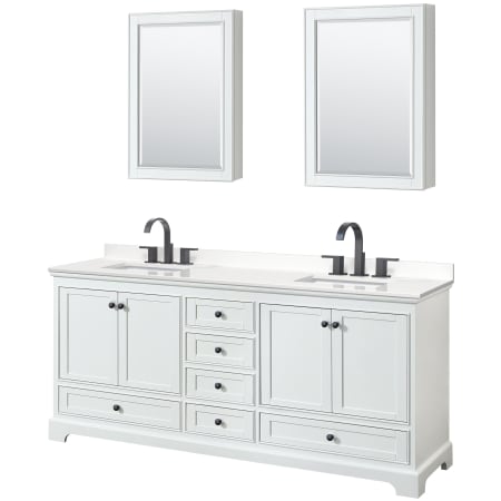 A large image of the Wyndham Collection WCS202080D-QTZ-US3MED White / White Quartz Top / Matte Black Hardware