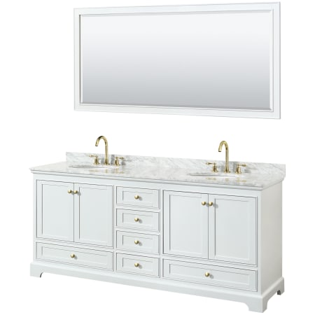 A large image of the Wyndham Collection WCS202080DCMUNOM70 White / White Carrara Marble Top / Brushed Gold Hardware