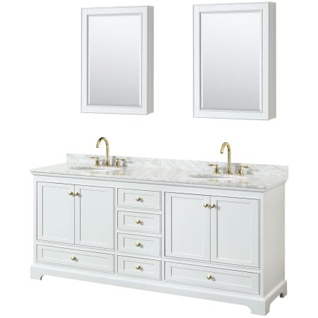 A large image of the Wyndham Collection WCS202080DCMUNOMED White / White Carrara Marble Top / Brushed Gold Hardware