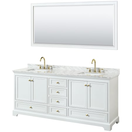 A large image of the Wyndham Collection WCS202080DCMUNSM70 White / White Carrara Marble Top / Brushed Gold Hardware