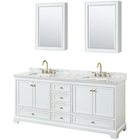 A large image of the Wyndham Collection WCS202080DCMUNSMED White / White Carrara Marble Top / Brushed Gold Hardware