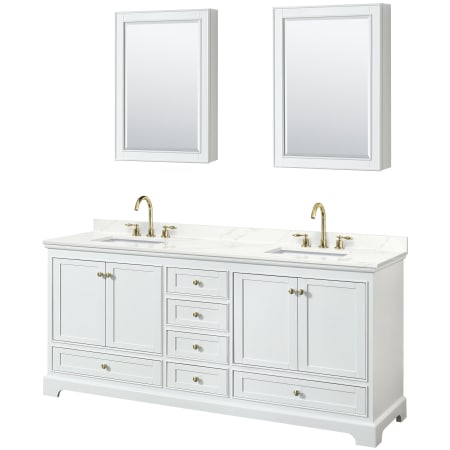 A large image of the Wyndham Collection WCS202080D-QTZ-US3MED White / Giotto Quartz Top / Brushed Gold Hardware
