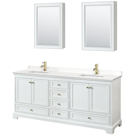 A large image of the Wyndham Collection WCS202080D-QTZ-UNSMED White / White Quartz Top / Brushed Gold Hardware