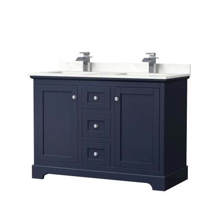 A large image of the Wyndham Collection WCV232348D-QTZ-UNSMXX Dark Blue / Giotto Quartz Top / Polished Chrome Hardware